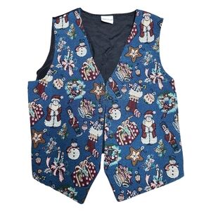 vintage Bobbie Brooks tapestry Christmas holiday vest with an all-over print. (C
